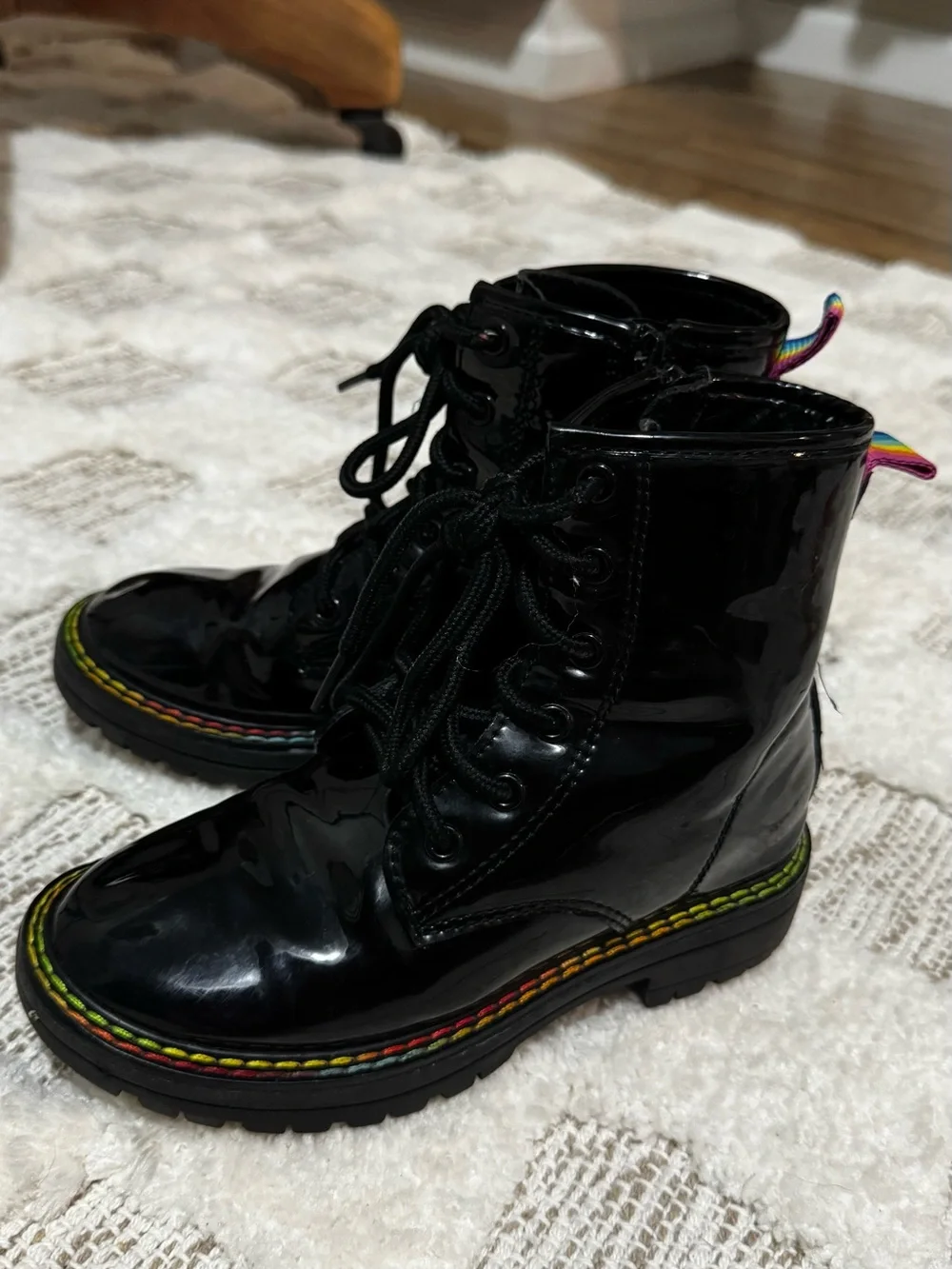 Kurt Geiger London Rainbow Patent Combat Boots Black Lace Up Size 13